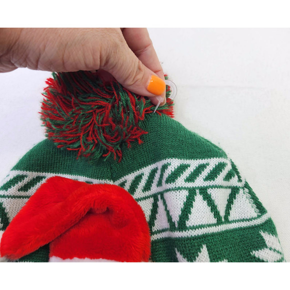 Slothmas Sloth Snowflake Green Red Christmas Holiday Pom Pom Knit Beanie Hat - Picture 2 of 4